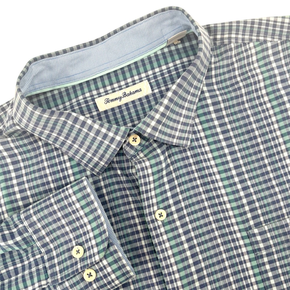 Tommy Bahama Mens XXL Blue Green Plaid Cotton Silk Stretch Long Sleeve Shirt